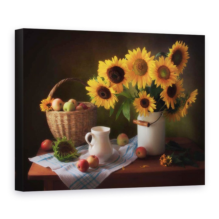 Tablou Canvas - Natura Moarta Cu Floarea Soarelui, Galben, Cos, Rustic, 90 x 120 cm