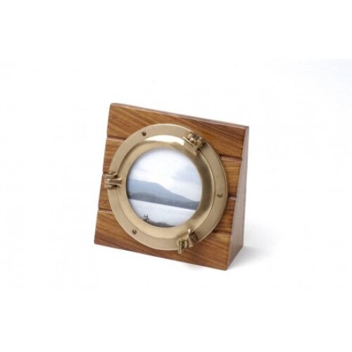 Rama foto, tema marina, lemn masiv, cadru hublou alama, H 16cm