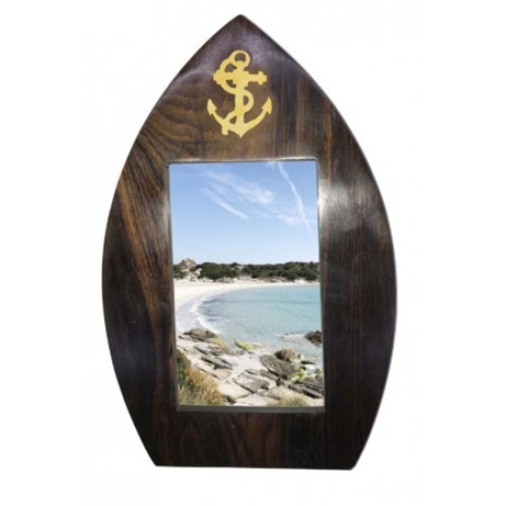 Rama foto, rama din lemn, model cu barca, ancora gravata,H 25.8 cm