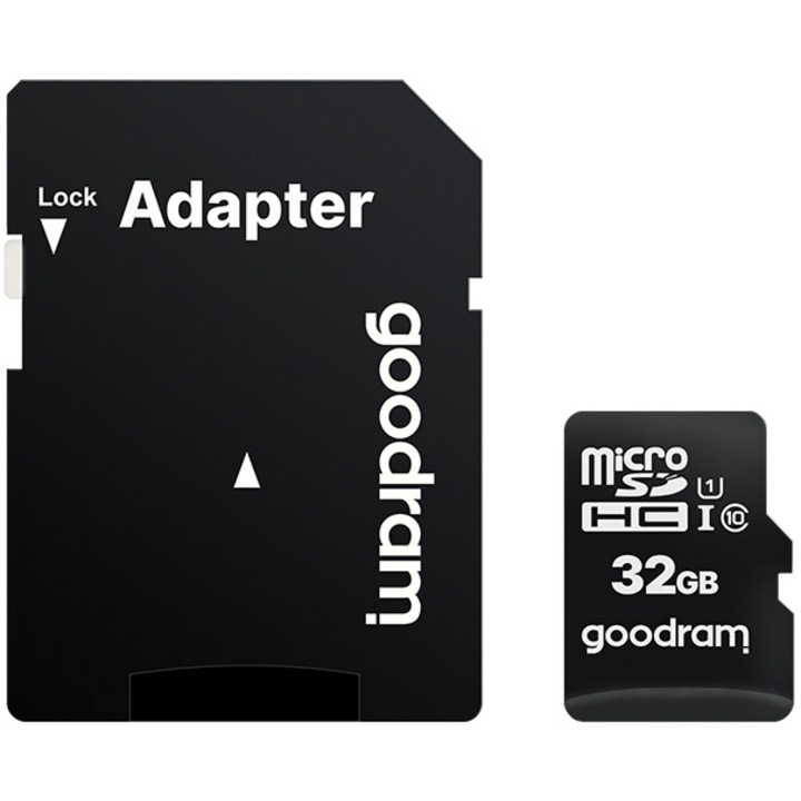 Карта памет microSDHC Goodram, 32GB, UHS I, Клас 10 + Адаптер, M1AA-0320R12