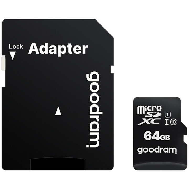 Карта памет microSDXC Goodram, 64GB, UHS I, Клас 10 + Адаптер, M1AA-0640R12