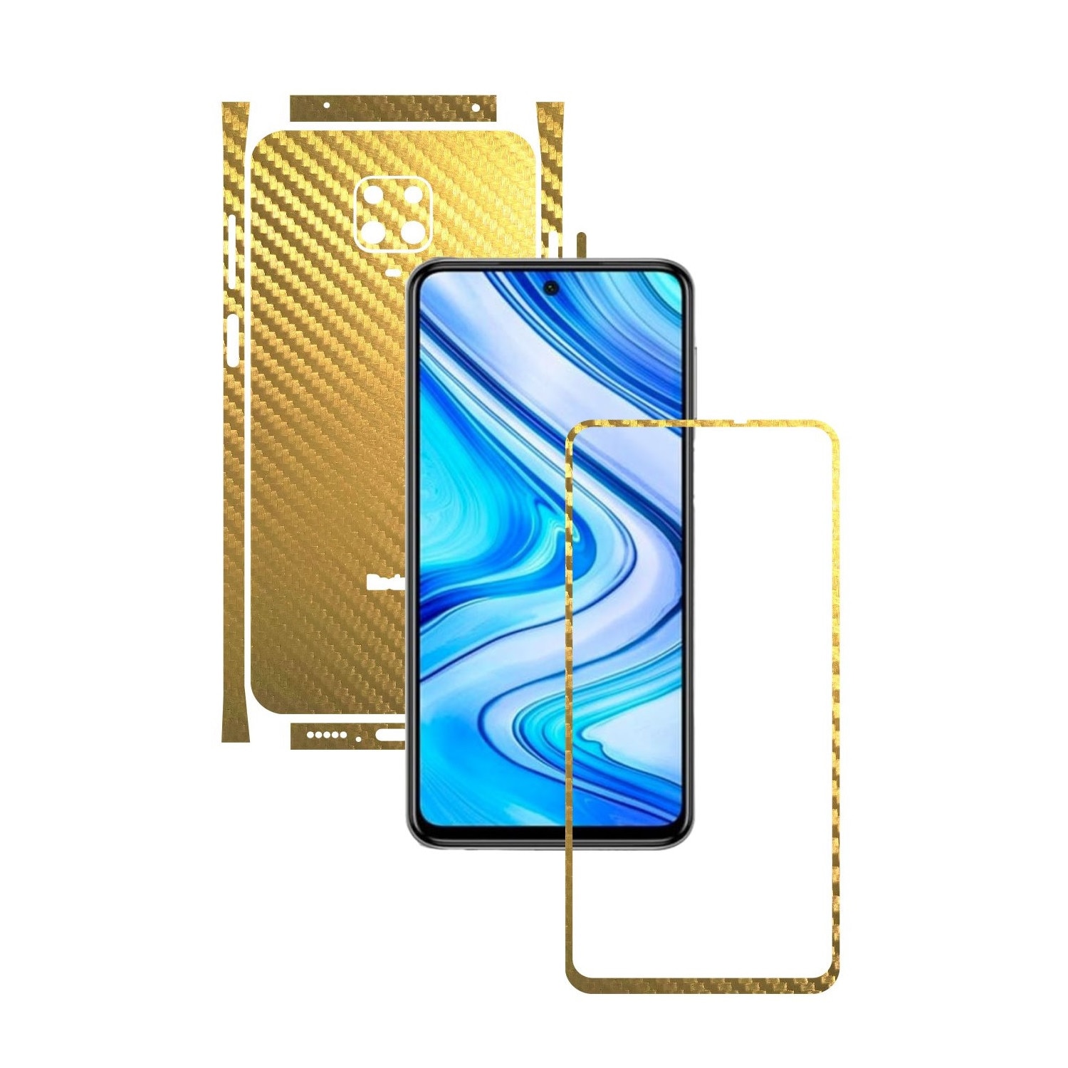 Folie Protectie Carbon Skinz pentru Xiaomi Redmi Note 9S - Carbon Auriu Split Cut, Skin Adeziv Full Body Cover pentru Rama Ecran, Carcasa Spate si Laterale