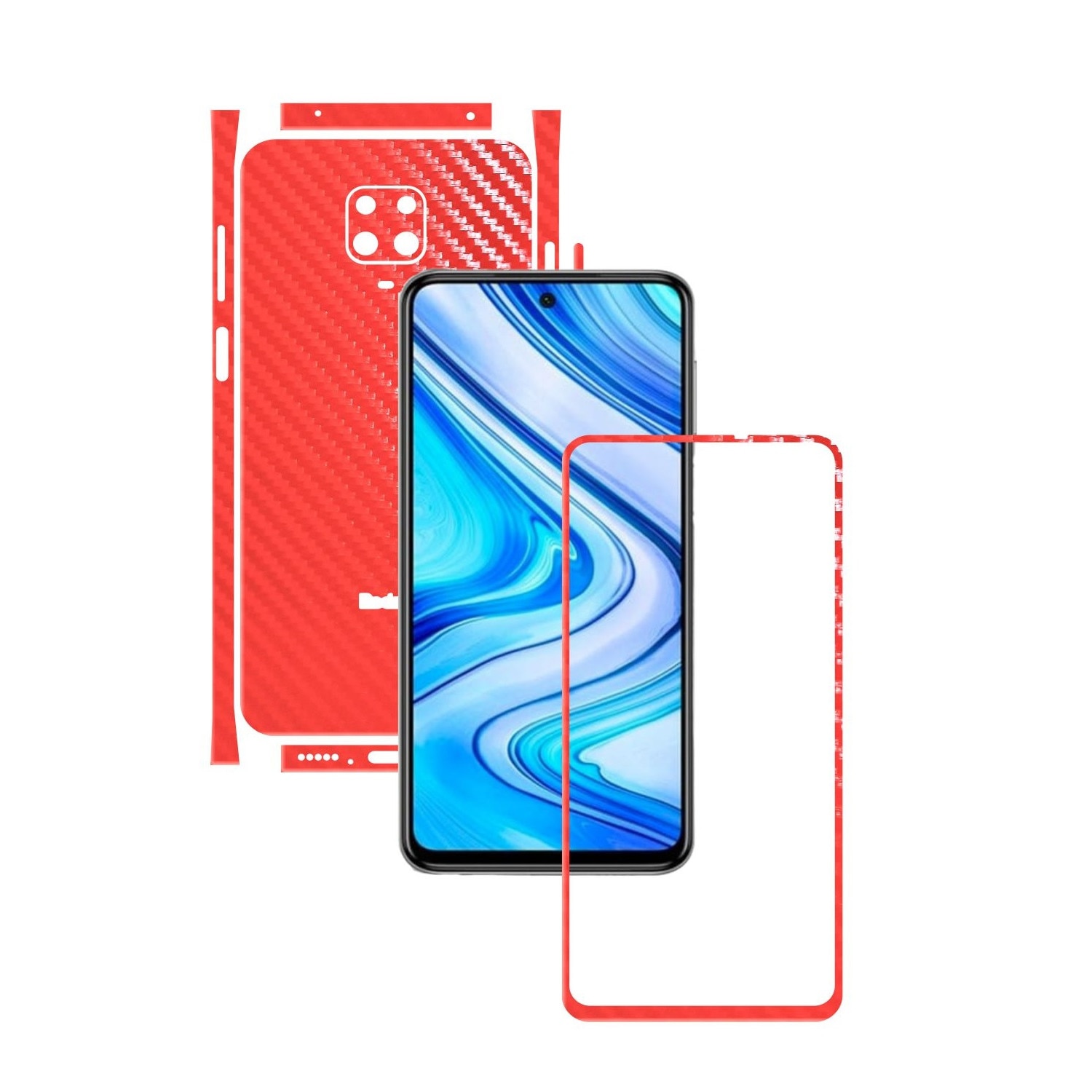 Folie Protectie Carbon Skinz pentru Xiaomi Redmi Note 9S - Carbon Rosu Split Cut, Skin Adeziv Full Body Cover pentru Rama Ecran, Carcasa Spate si Laterale