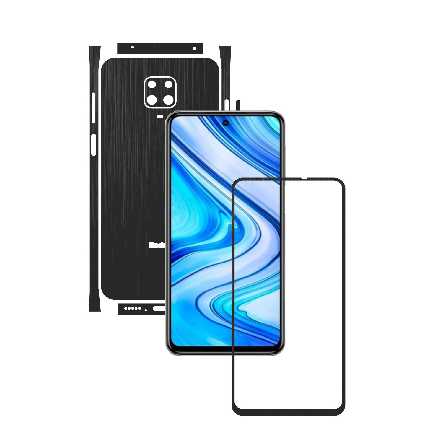 Folie Protectie Carbon Skinz pentru Xiaomi Redmi Note 9S - Brushed Negru Split Cut, Skin Adeziv Full Body Cover pentru Rama Ecran, Carcasa Spate si Laterale