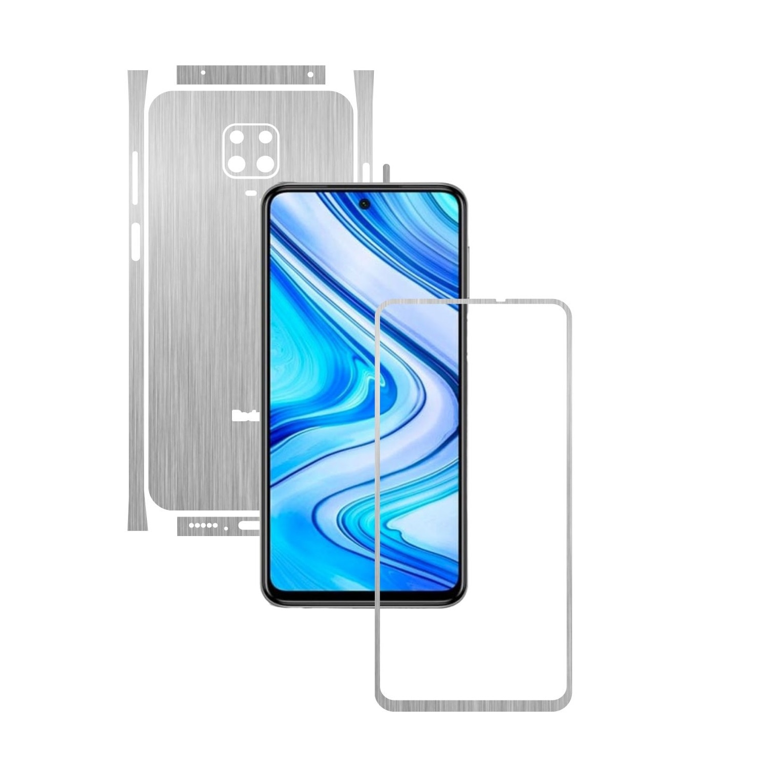 Folie Protectie Carbon Skinz pentru Xiaomi Redmi Note 9S - Brushed Argintiu Split Cut, Skin Adeziv Full Body Cover pentru Rama Ecran, Carcasa Spate si Laterale