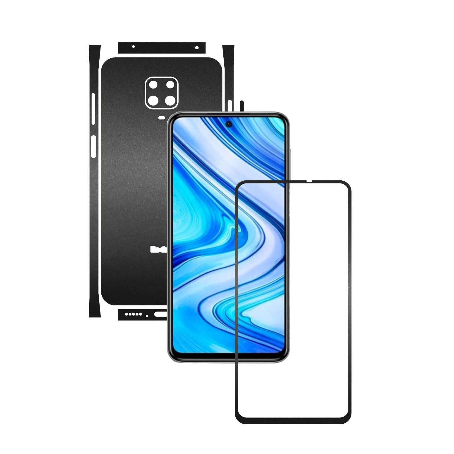 Folie Protectie Carbon Skinz pentru Xiaomi Redmi Note 9S - Negru Mat Split Cut, Skin Adeziv Full Body Cover pentru Rama Ecran, Carcasa Spate si Laterale