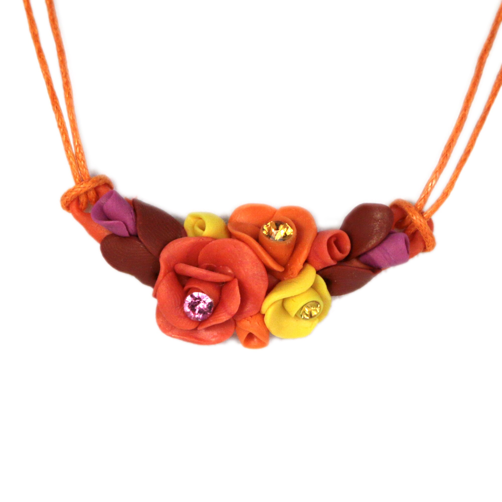 Colier floral - portocaliu cu cristale, Miidefloriart - model 40
