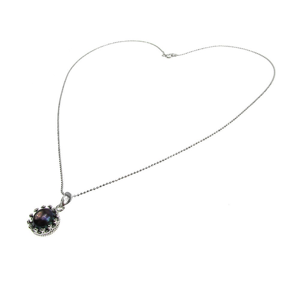 Lantisor argint cu pandantiv coroana perla de cultura neagra 8 MM, GlamBazaar