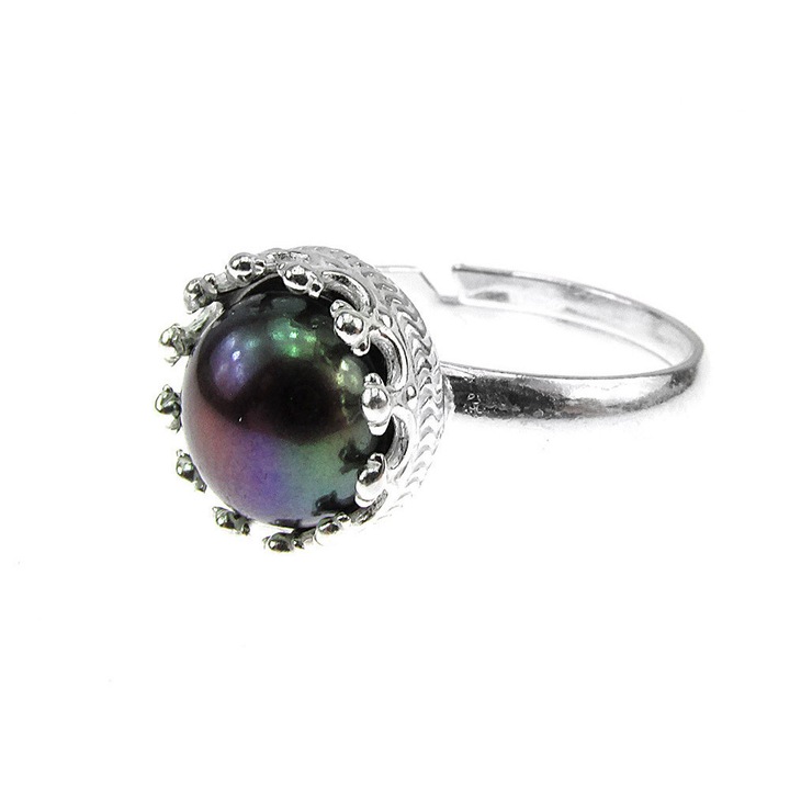 Inel argint reglabil coroana cu perla de cultura neagra 8 MM, GlamBazaar