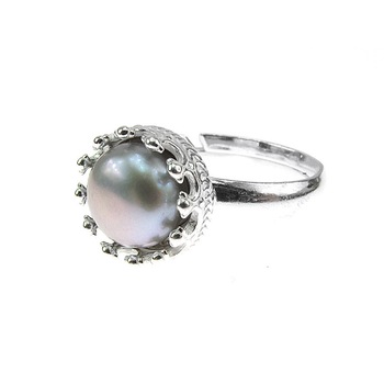 Inel argint reglabil coroana cu perla de cultura gri 8 MM, GlamBazaar Inel argint reglabil coroana cu perla de cultura gri 8 MM, GlamBazaar