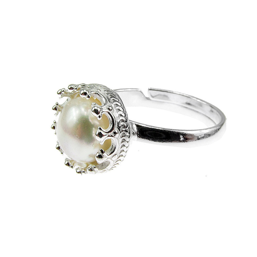 Inel argint reglabil coroana cu perla de cultura alba 8 MM, GlamBazaar