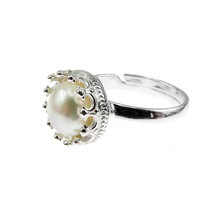 Inel argint reglabil coroana cu perla de cultura alba 8 MM, GlamBazaar