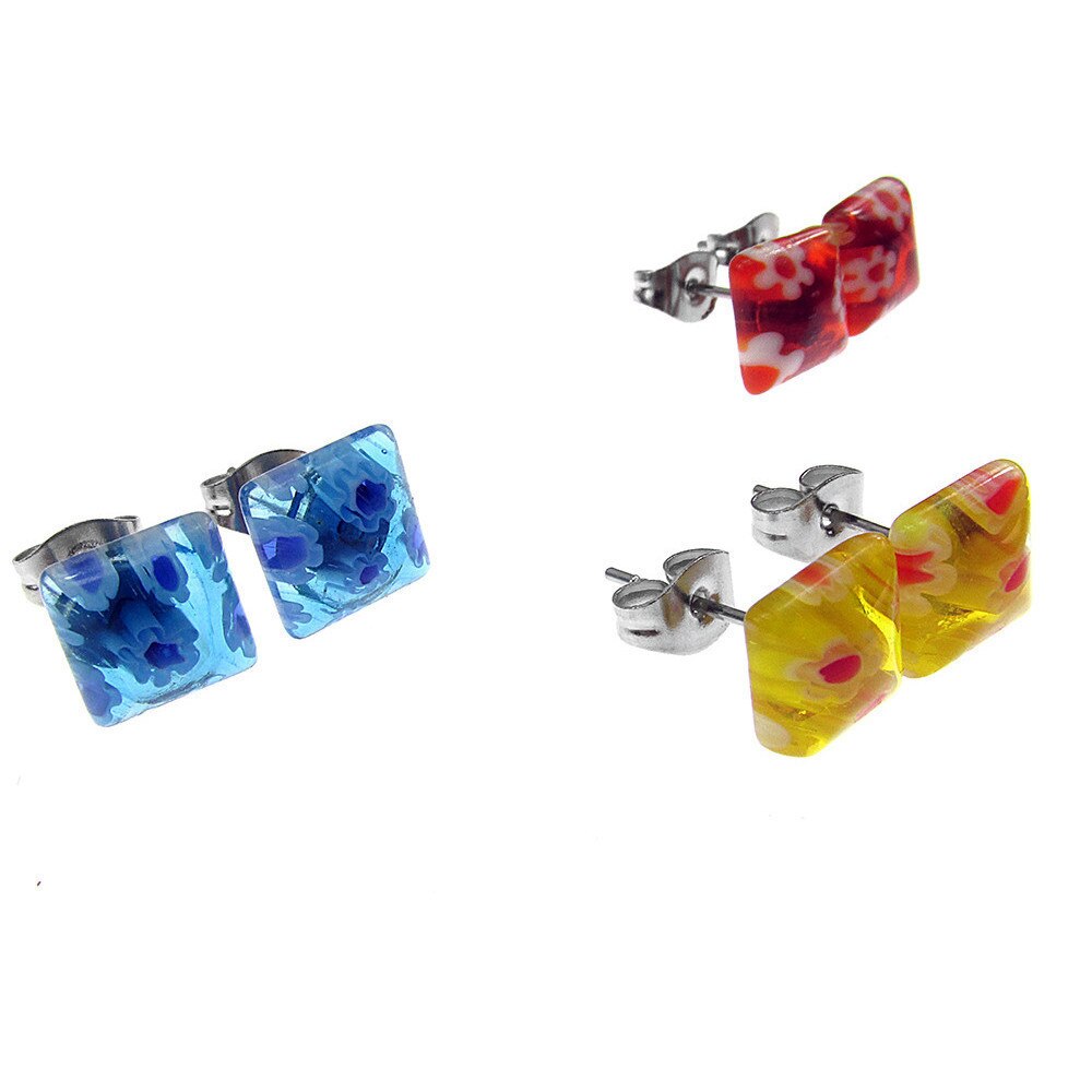 Set 3 perechi cercei cu surub Millefiori galben/albastru/portocaliu