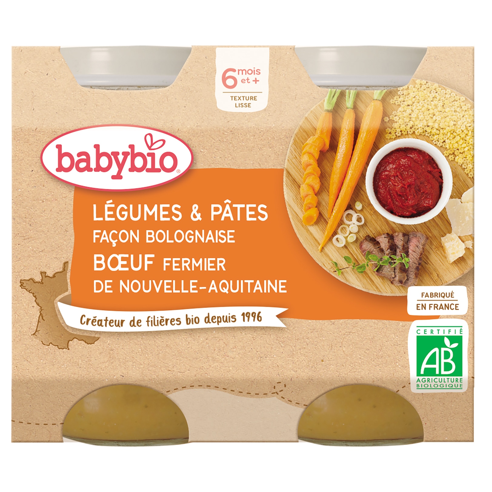 Piure Babybio de legume si paste in stil bolognaise, 2 x 200 g, de la 6 luni