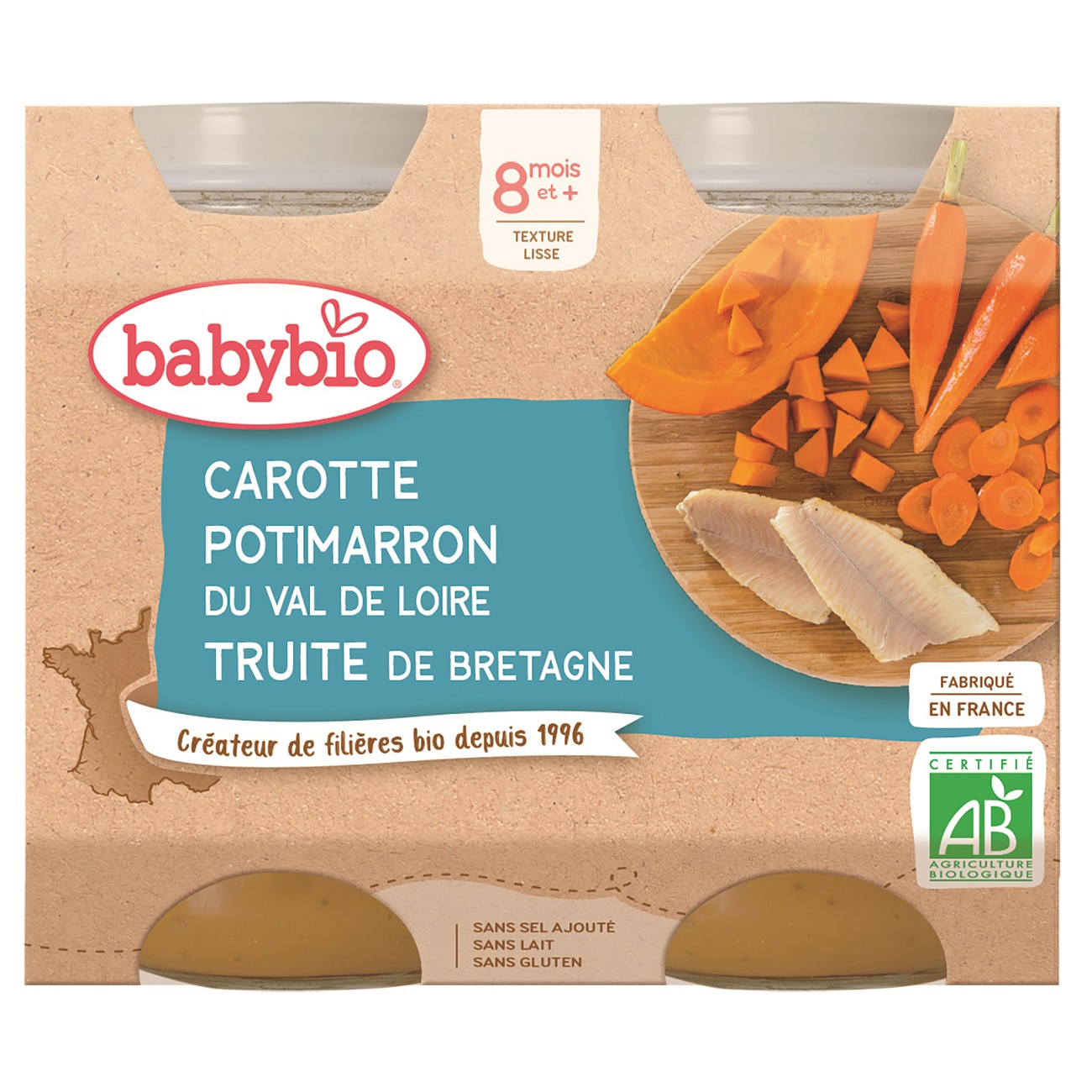 Piure Babybio de morcovi, dovleac si pastrav, 2 x 200 g, de la 8 luni