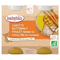 Piure Babybio de morcovi, dovleac, pui si orez 2 x 200 g, de la 6 luni