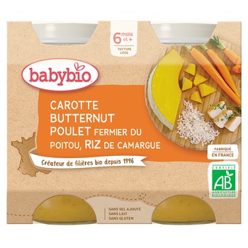 Piure Babybio de morcovi, dovleac, pui si orez 2 x 200 g, de la 6 luni Piure Babybio de morcovi, dovleac, pui si orez 2 x 200 g, de la 6 luni