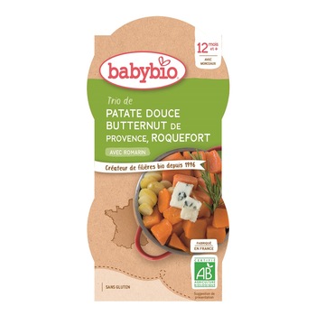 Meniu Babybio cu cartofi dulci, dovleac butternut si branza roquefort, 2 x 200 g, de la 12 luni Meniu Babybio cu cartofi dulci, dovleac butternut si branza roquefort, 2 x 200 g, de la 12 luni