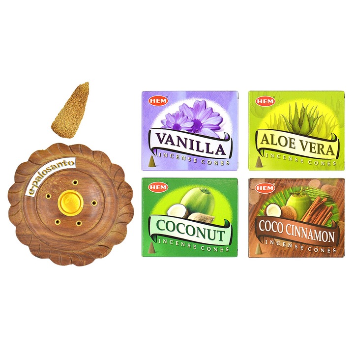 Комплект Coconut Vanilla 40 ароматизирани фунийки (ванилия, кокос, кокосова канела, алое вера - подгъв) и конус от дърво Palo Santo, кръгла опора, ароматерапия, e-palosanto