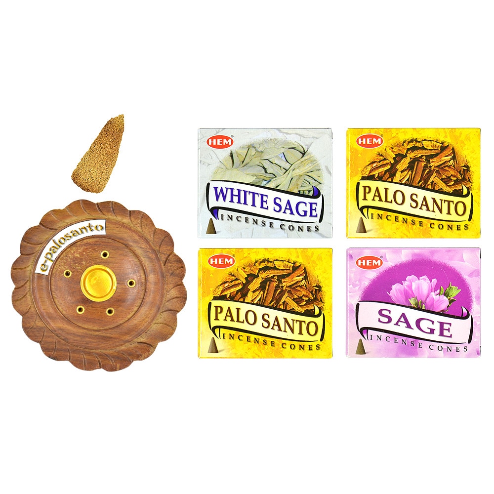 Set Salvie Palo Santo 40 conuri parfumate (Salvie, Salvie Alba, Palo Santo - Hem) si con lemn Palo Santo, suport rotund, aromaterapie, e-palosanto