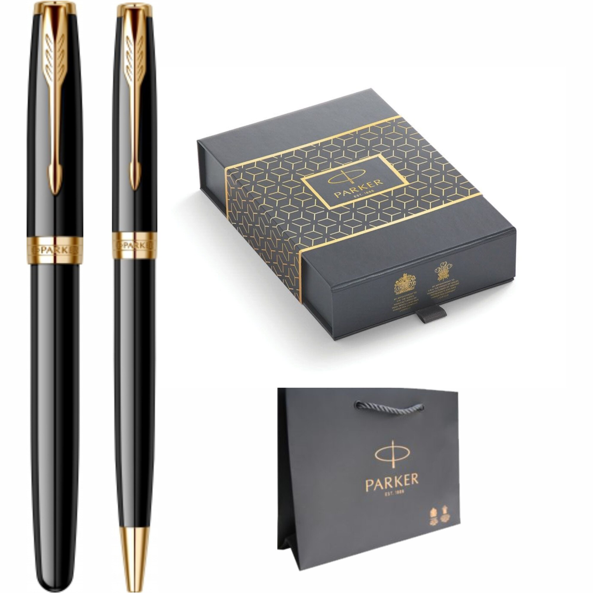 Set Stilou si Pix Parker Sonnet Royal Black GT Personalizat prin Gravura Laser cu convertor si mina pix Parker montate in Cutie si Punga Parker