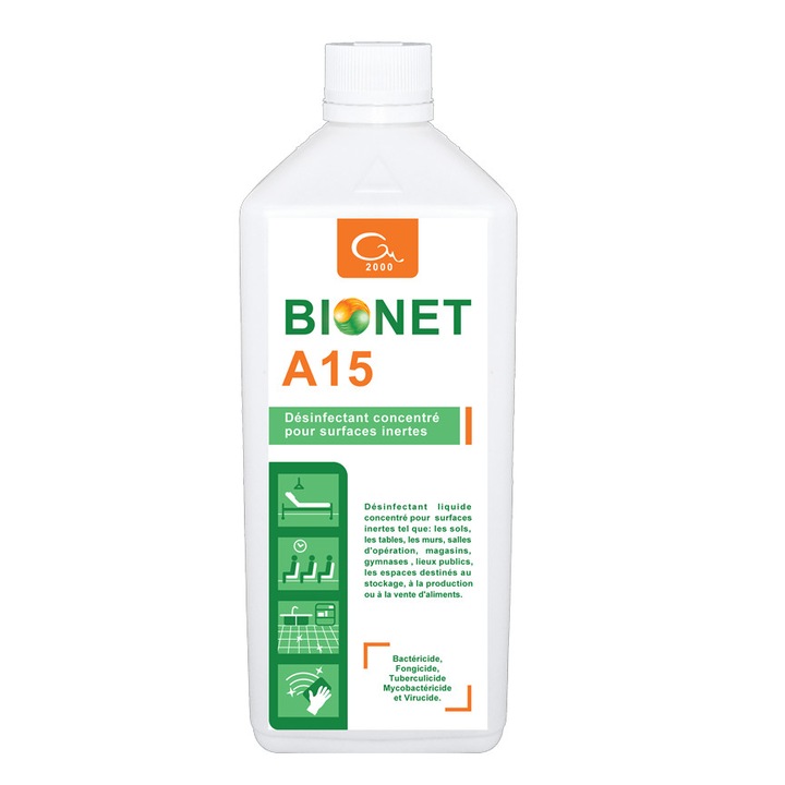 Концентриран дезинфектант за повърхности BIONET A15, биоциден, одобрен вируциден, микробактерициден, туберкулоциден, GM2000, 1 L