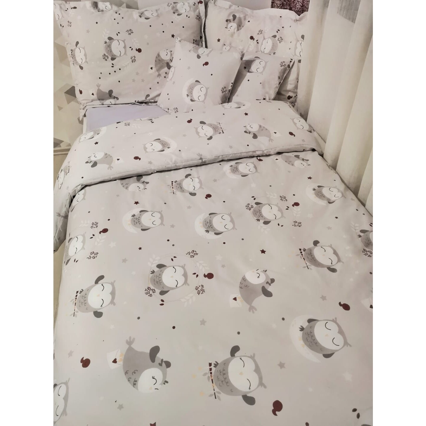 Lenjerie de Pat, Bumbac Ranforce Lux, Model Bufnite Mici Gri , 1 persoana, 70X70, 150X200, 4 piese