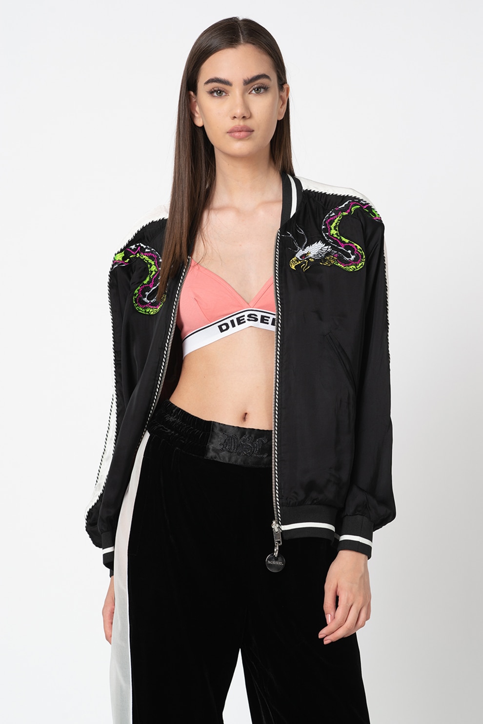 Diesel, Jacheta bomber cu detalii brodate, Negru/Alb/Verde