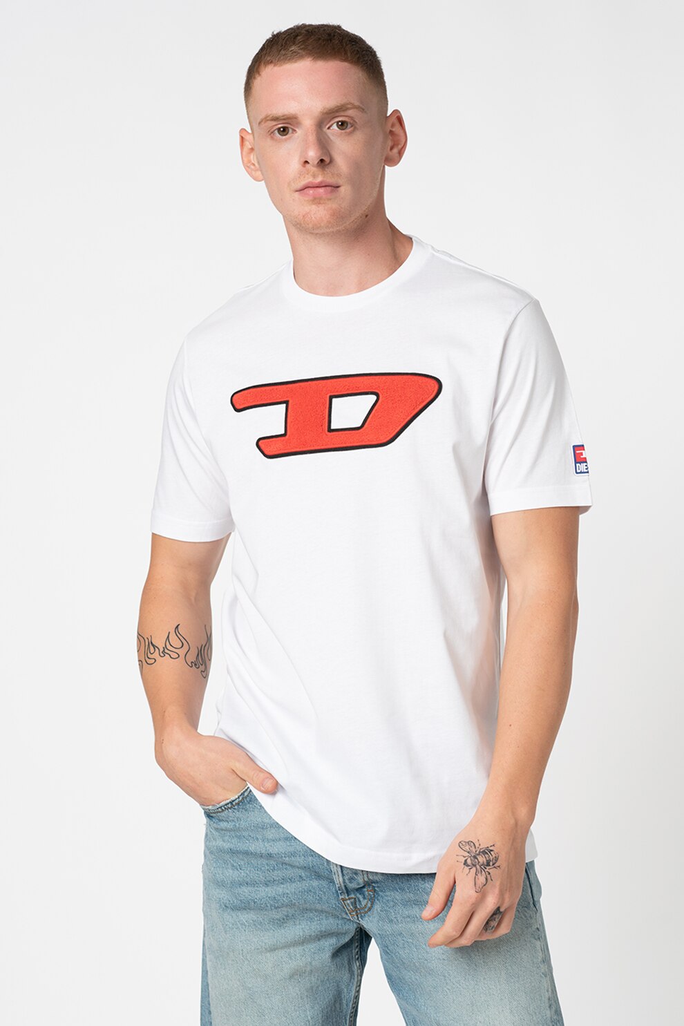 Diesel, Tricou cu aplicatie logo brodata Just Division, Alb/Rosu