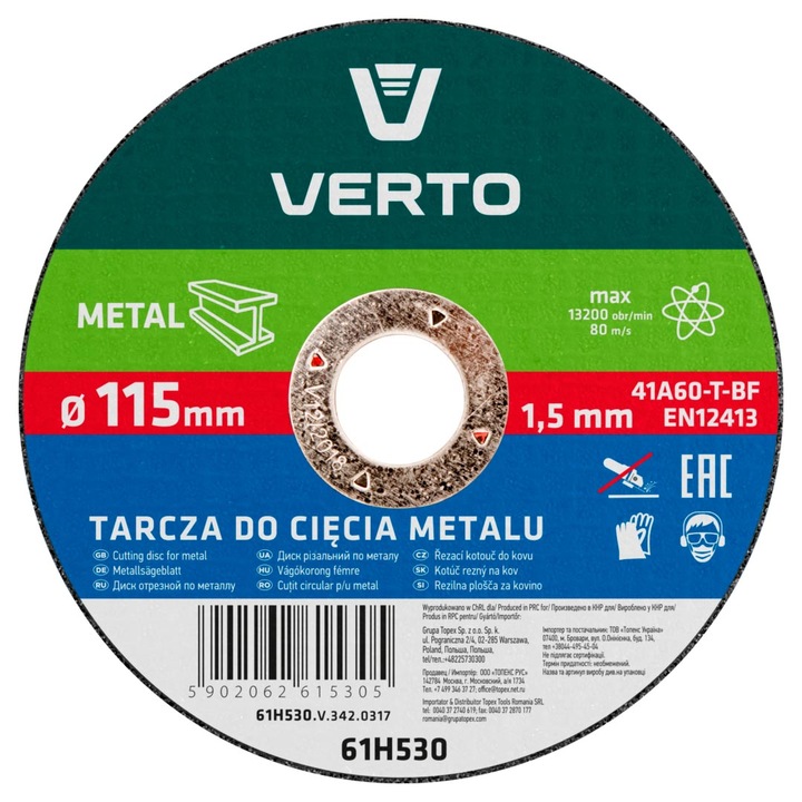 Vágókorong fém Verto 115x1.5x22mm t41 61H530