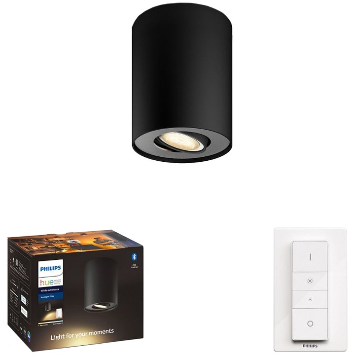 Спот осветление Philips Pillar Hue, ZigBee Light Link, Bluetooth, GU10, 5W (50W), 350 лумена, Естествена бяла светлина (2200-6500K), 10.3 см, Черен, Включен прекъсвач и вариатор, Енергиен клас G