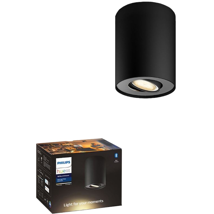 Spot luminos Philips Pillar Hue, ZigBee Light Link, Bluetooth, GU10, 5W (50W), 350 lm, lumina ambianta alba (2200-6500K), 10.3 cm, Negru