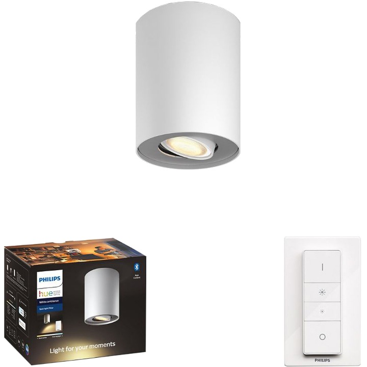 Spot luminios Philips Pillar Hue, ZigBee Light Link, Bluetooth, GU10, 5W (50W), 350 lm, lumina ambianta alba (2200-6500K), 10.3 cm, Alb, Intrerupator cu variator inclus
