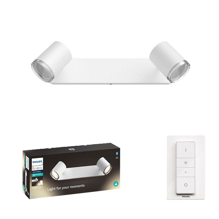Аплик за огледало за баня Philips Adore Hue, ZigBee Light Link, Bluetooth, 2xGU10, 5W (50W), 350 лумена, Естествена бяла светлина (2200-6500K), IP44, Бял, Включен прекъсвач и вариатор