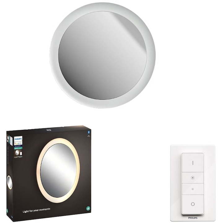 Philips Adore Hue integrált LED-es fürdőszobatükör, ZigBee Light Link, Bluetooth, 27W (204W), 2400 lm, fehér fény (2200-6500K), IP44, Fehér, Dimmer kapcsoló mellékelve