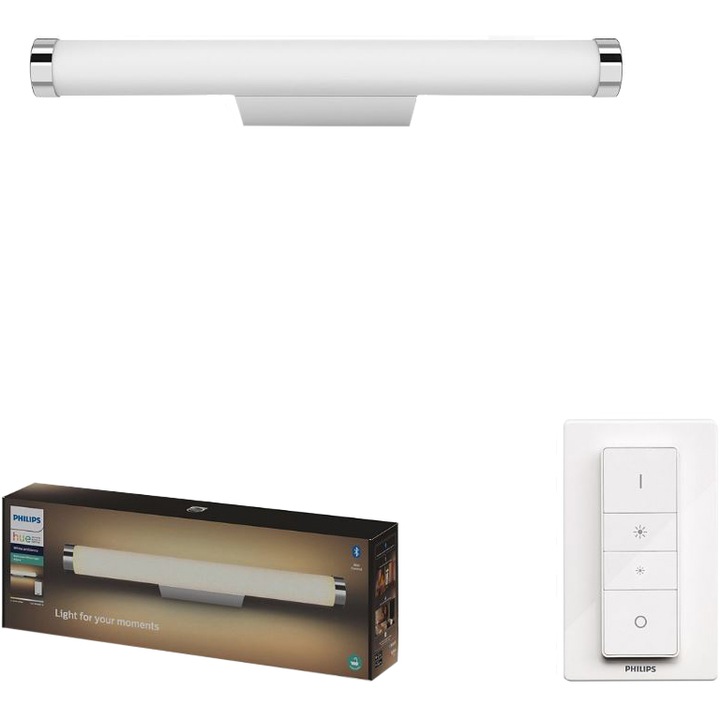 Philips Adore Hue integrált LED fürdőszobai tükörvilágítás, ZigBee Light Link, Bluetooth, 13W, 1050 lm, fehér fény (2200-6500K), IP44, 42,4 cm, Fehér, Dimmer kapcsolóval