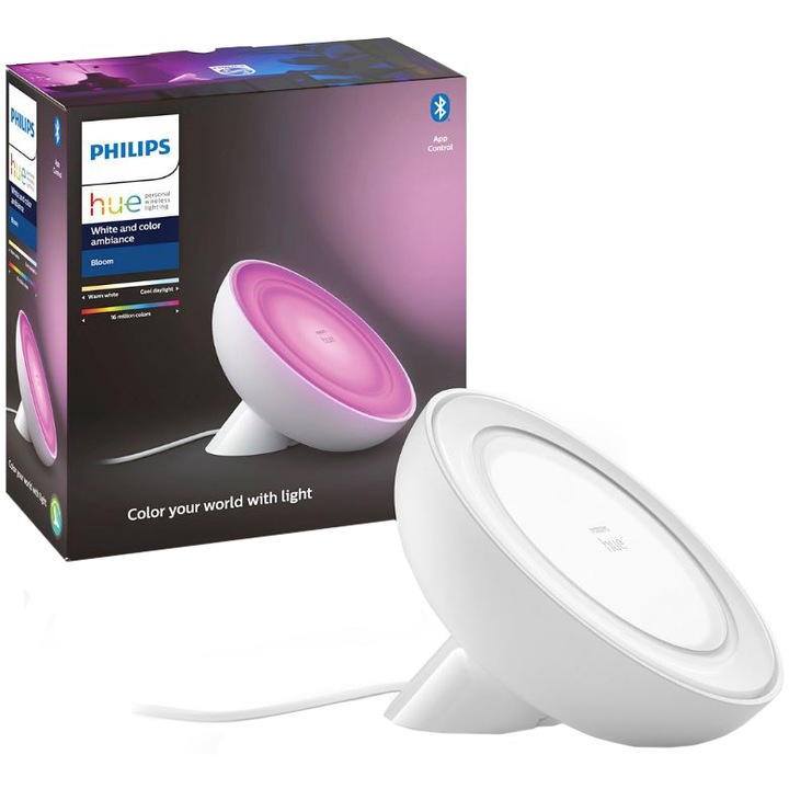 Lampa de masa LED RGBW integrat Philips New Hue Bloom (gen4), ZigBee Light Link, Bluetooth, 7.1W, 500 lm, lumina ambianta alba si color, Alb, clasa energetica G