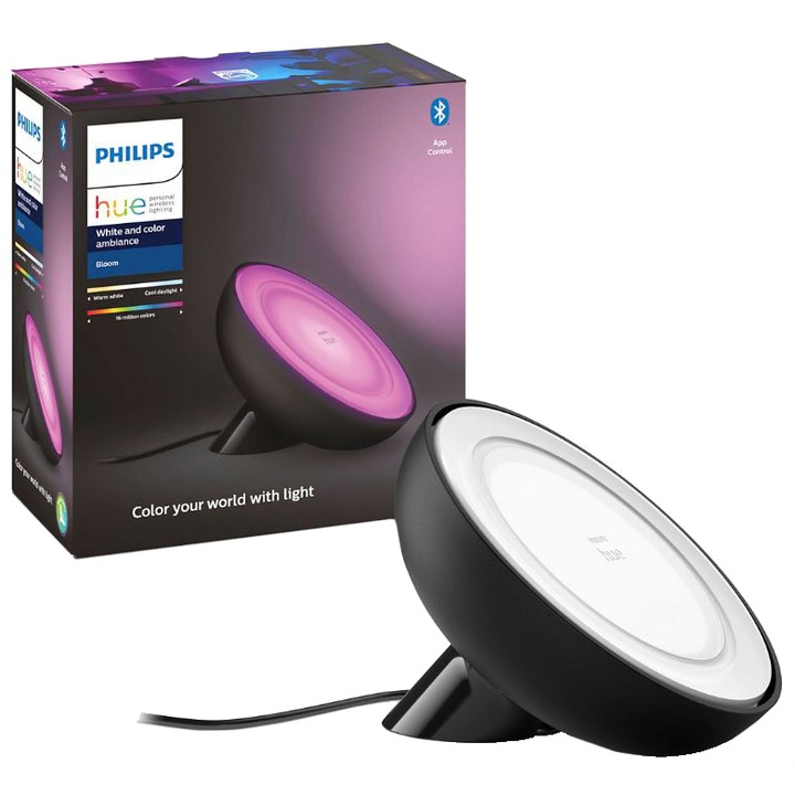 Настолна лампа Philips New Hue Bloom (gen4), ZigBee Light Link, Вграден LED RGBW, Bluetooth, 7.1W, 500 лумена, Естествена бяла и цветна светлина, Черен, Енергиен клас G