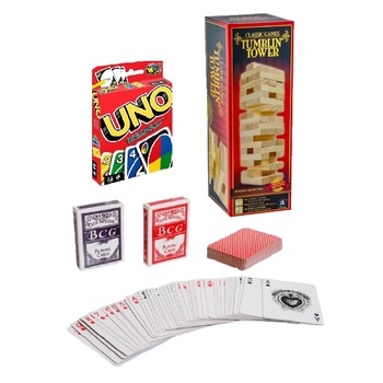 Pachet jocuri societate, Joc Jenga Tumblin Tower Blocks 48 piese, Carti de joc Uno, Carti de joc Pachet jocuri societate, Joc Jenga Tumblin Tower Blocks 48 piese, Carti de joc Uno, Carti de joc
