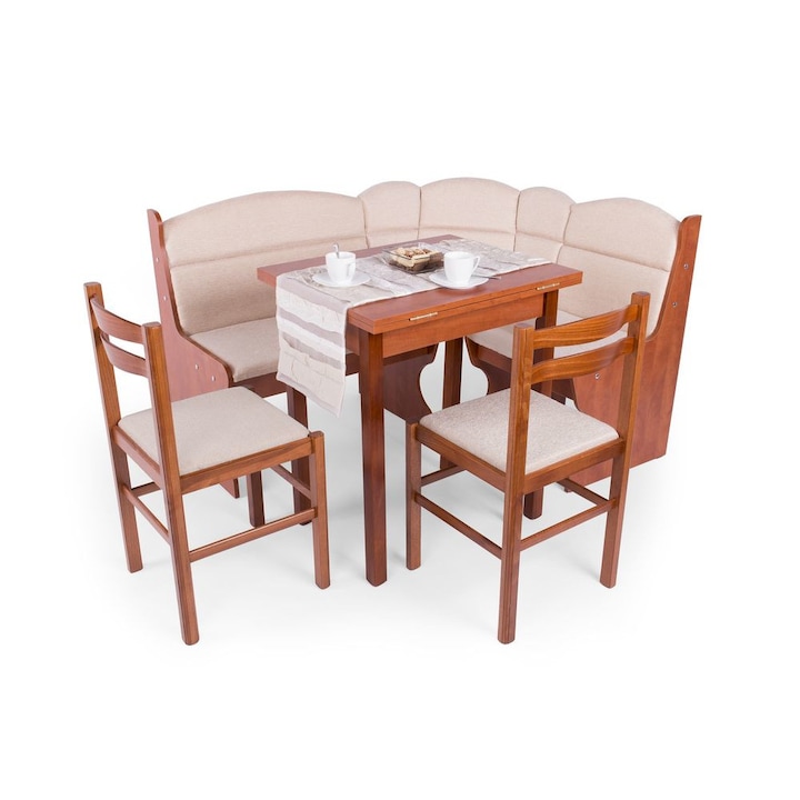 Sporol6 Ádám sarok étkezőgarnitúra, kinyitható asztal + sarokpad + 2 szék, calvados színben