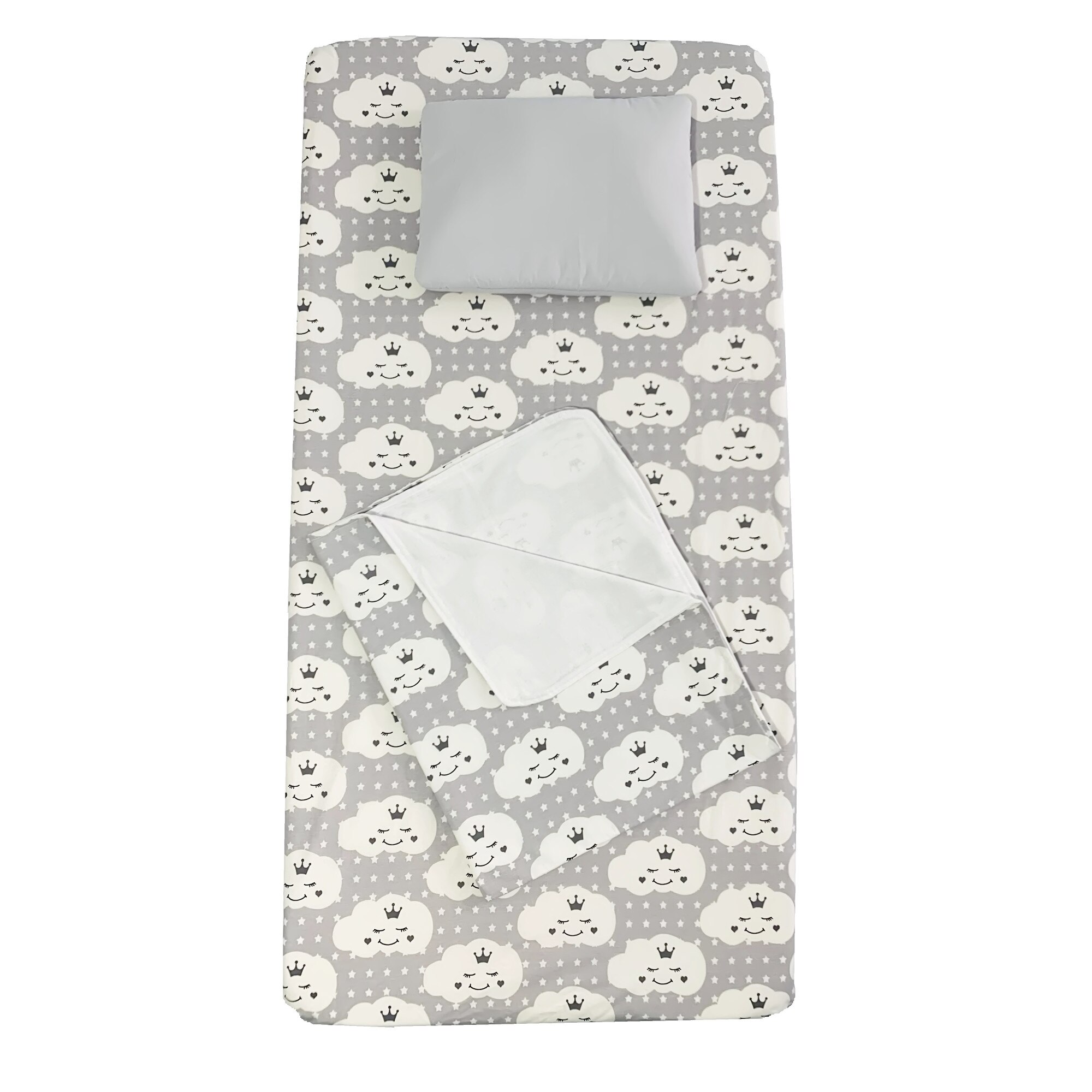 Set Paturica bebe cu Cearsaf si Pernuta pentru pat 120x60 cm Deseda Norisori zambareti Gri