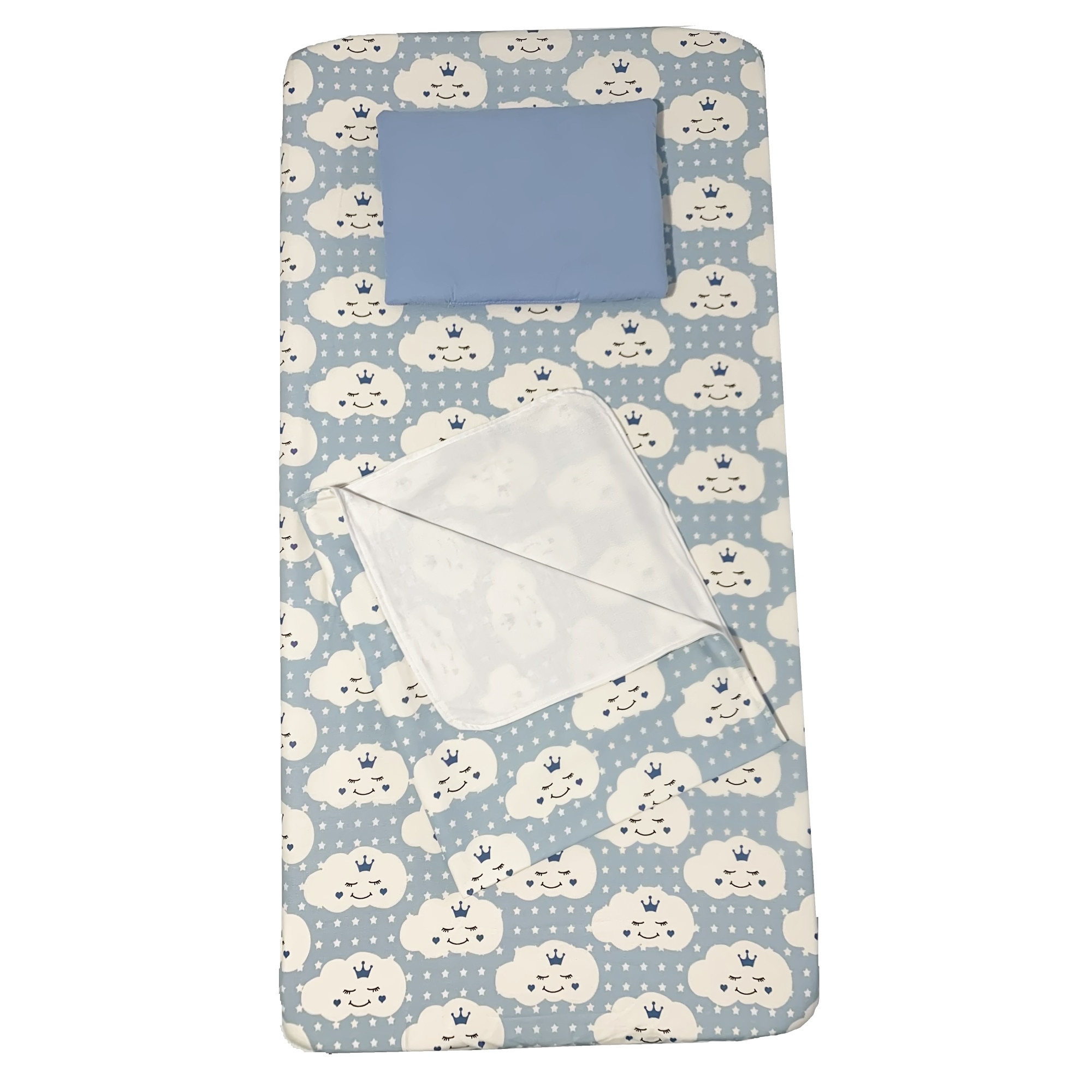 Set Paturica bebe cu Cearsaf si Pernuta pentru pat 120x60 cm Deseda Norisori zambareti Albastri