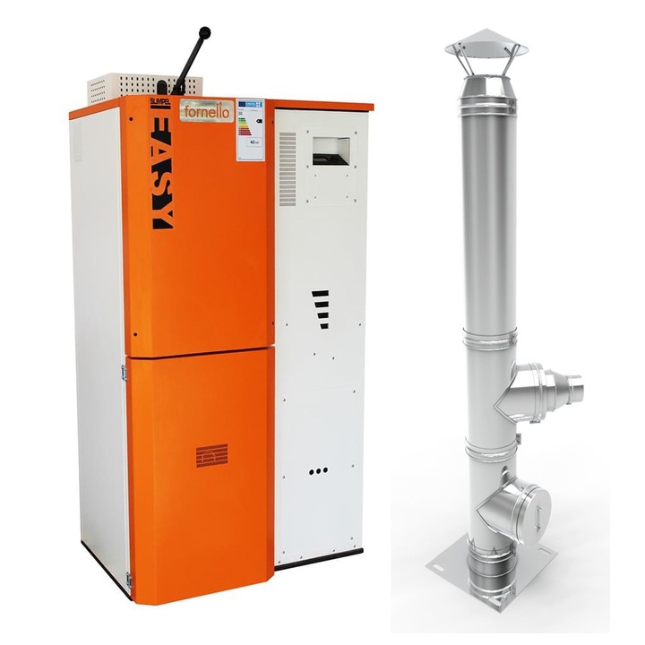 Pachet Centrala pe peleti Fornello Simpell Easy 40 kw, arzator din inox, pompa de circulatie, tiraj fortat, buncar 88 kg, Ecodesign A+, Cos inox 6 ml 120 mm