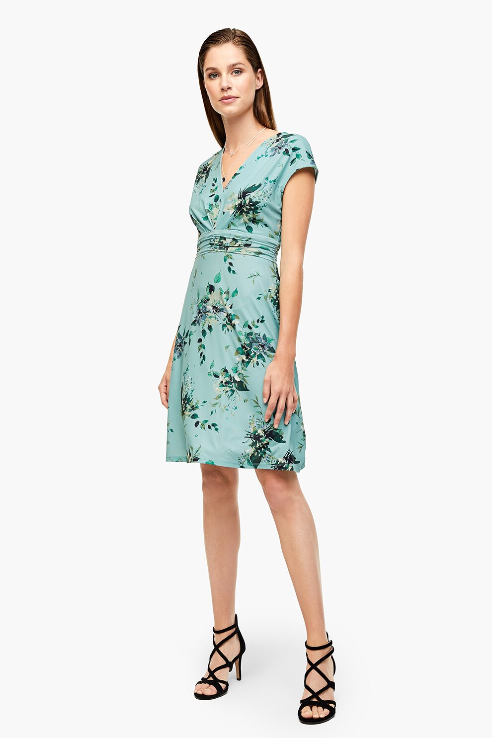 s.Oliver, Rochie mini cu model floral si decolteu in V, Turcoaz, S