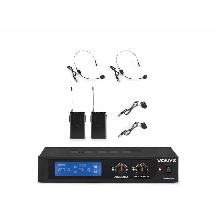Vonyx WM522B VHF vezeték nélküli mikrofon szett (2 db CSÍPTETŐS + 2 db FEJ mikrofon) + Koffer