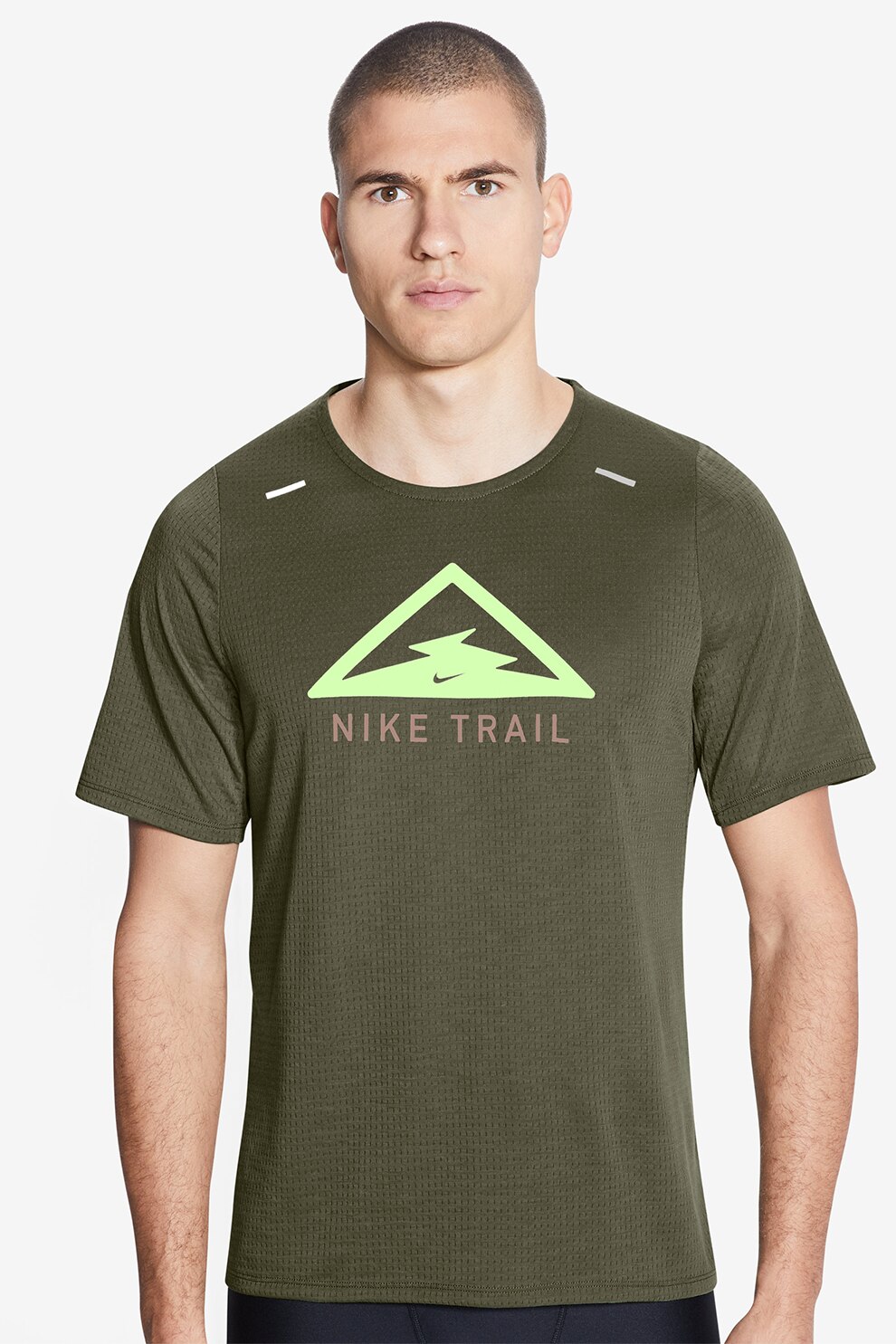 Nike, Tricou cu tehnologie Dri-FIT si imprimeu grafic, pentru alergare Rise 365, Verde militar