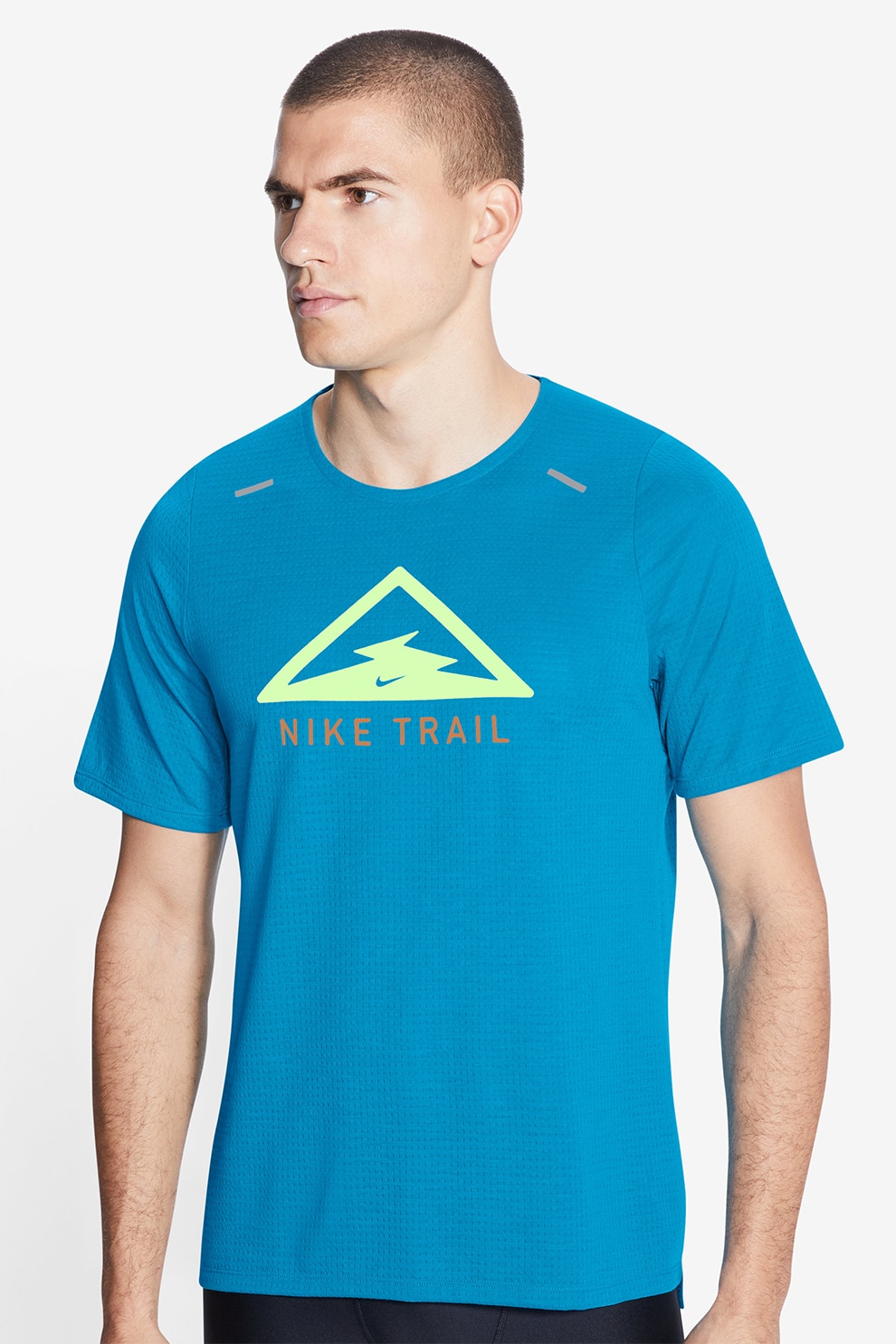 Nike, Tricou cu tehnologie Dri-FIT si imprimeu grafic, pentru alergare Rise 365, Albastru/Verde lime