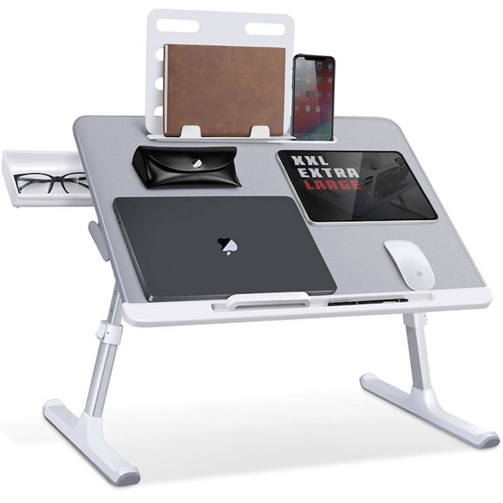 Laptop asztal Mytable multifunkcionális 60 * 45 cm, könyvtartó, tablet tartó, kellékdoboz, összecsukható, állítható, Szürke