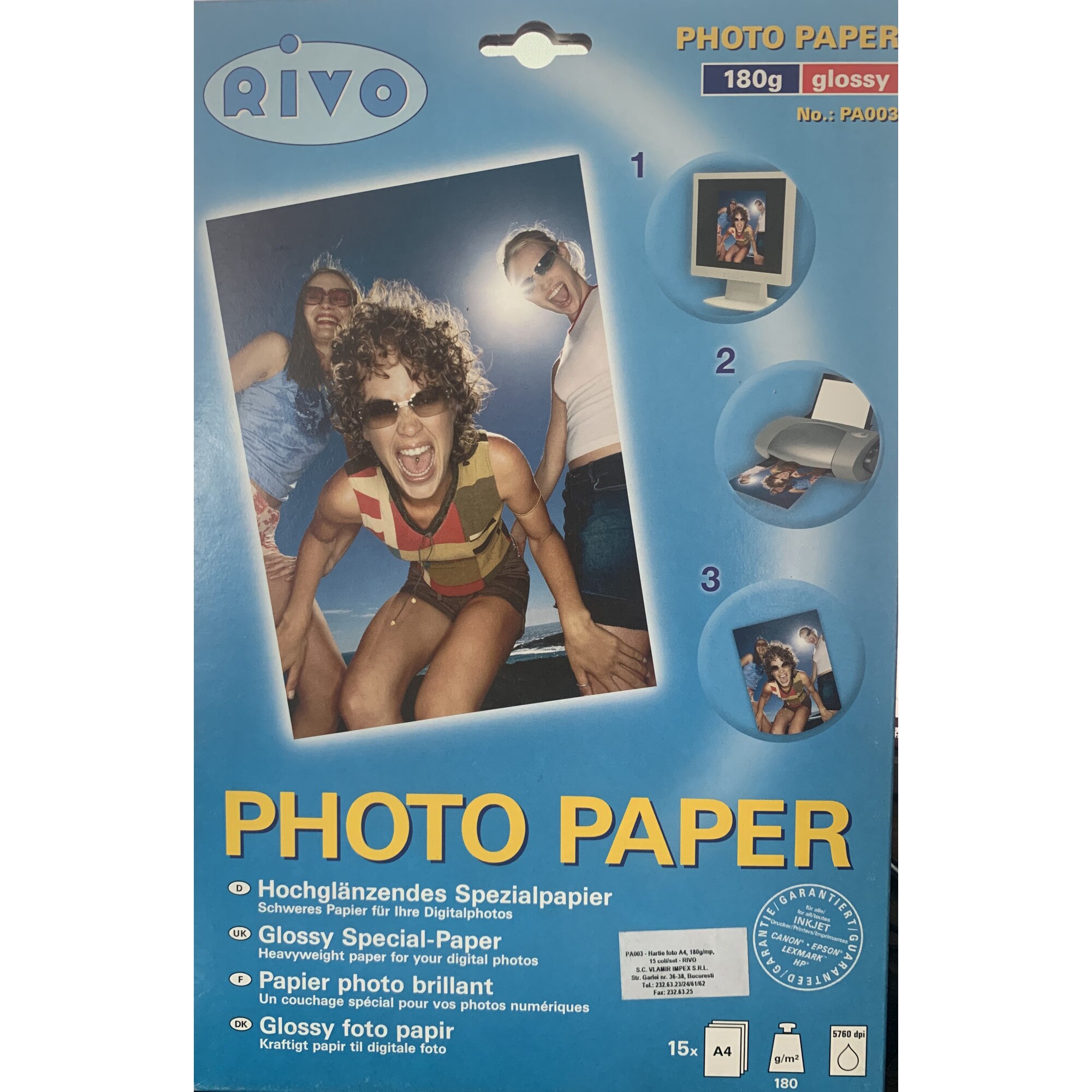 Hartie foto RIVO PA003, 180g/m², 15 coli A4/ cutie, inkjet