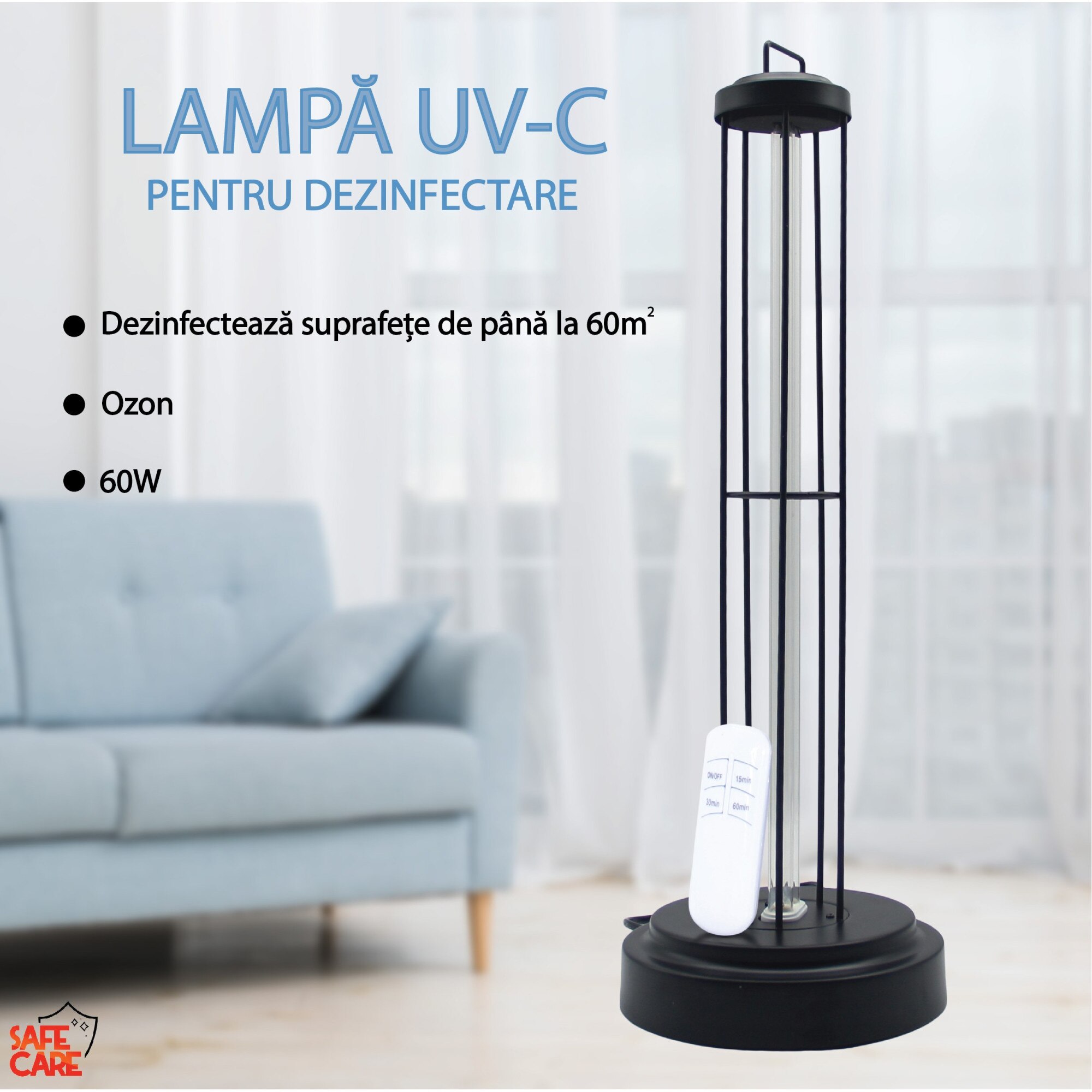 Бактерицидна лампа UVC 60W, Озон, за дезинфекция, с дистанционно ...